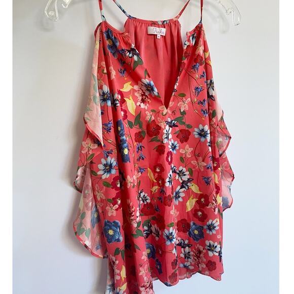 Parker Pink Floral Print Keyhole Ruffle Tank Top - M - Picture 9 of 13